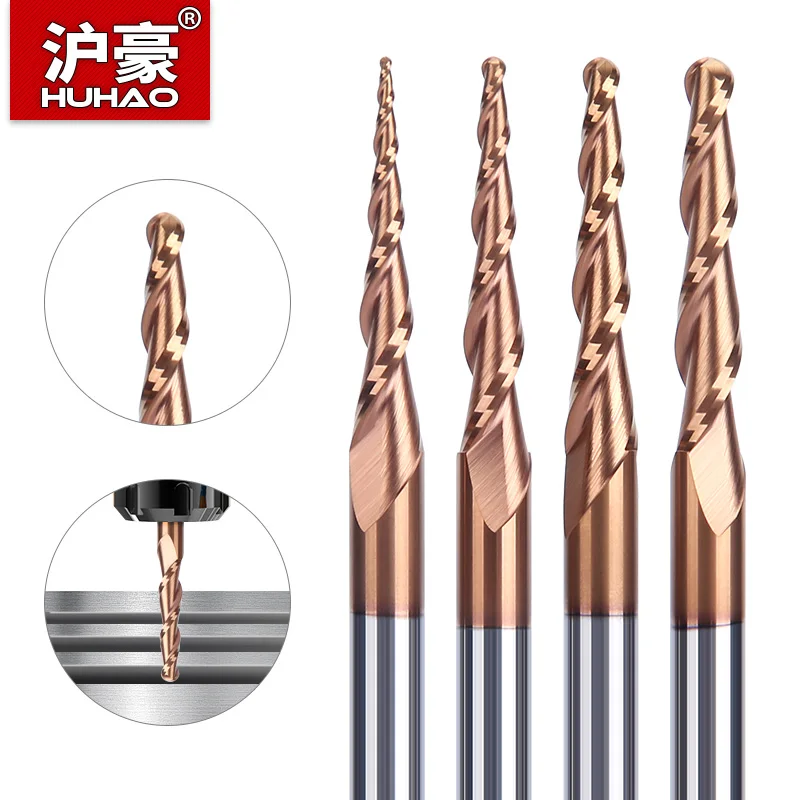 HUHAO HRC55 Carbide Spiral Tapered Ball Nose End Mill 6mm Shank 2 Flutes Router Bit for Metal Wood CNC 2D 3D Carving Bits Tools