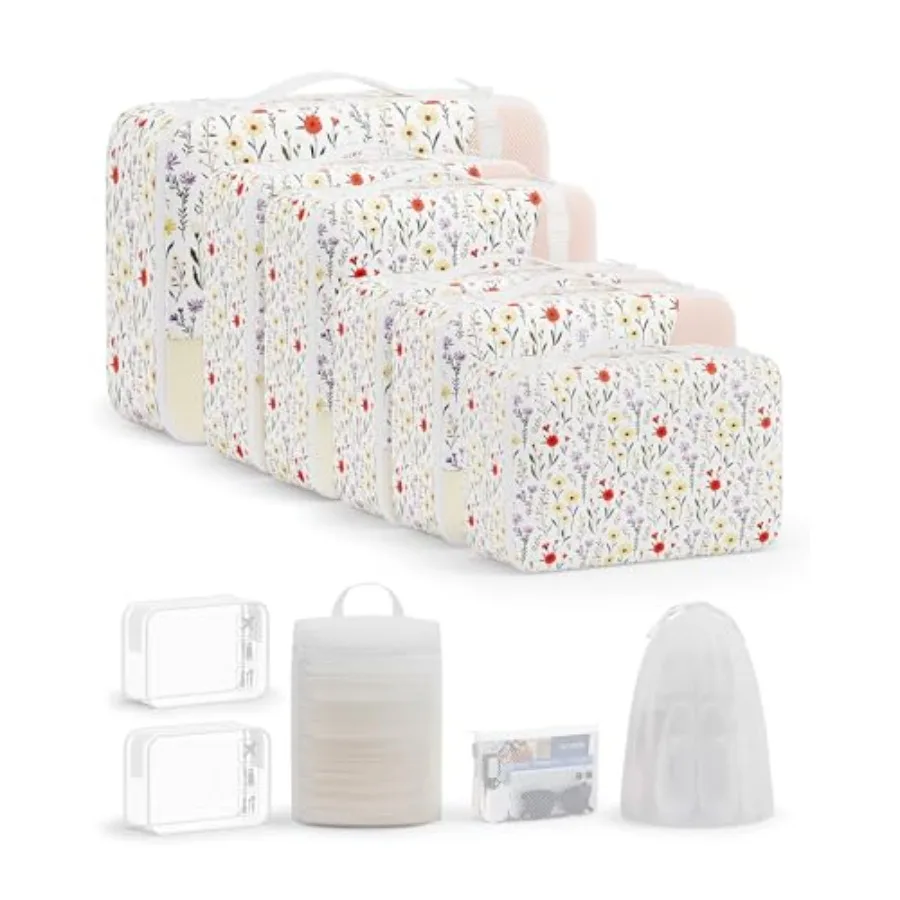 

Набор из 11 упаковочных кубов для путешествий, белые с цветочным принтом, из полиэстера, одобренные TSA, органайзеры для косметики и туалетных принадлежностей в чемодан, для багажа.