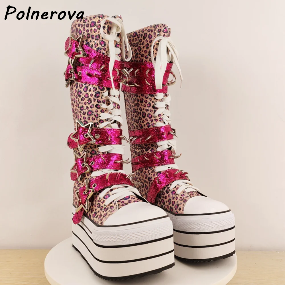 ليوبارد المسامير الوردي الأحذية جولة تو منصة سميكة سوليد المشارب عبر تعادل منتصف العجل الأحذية الخماسي مشبك الشتاء أحذية مثيرة #2