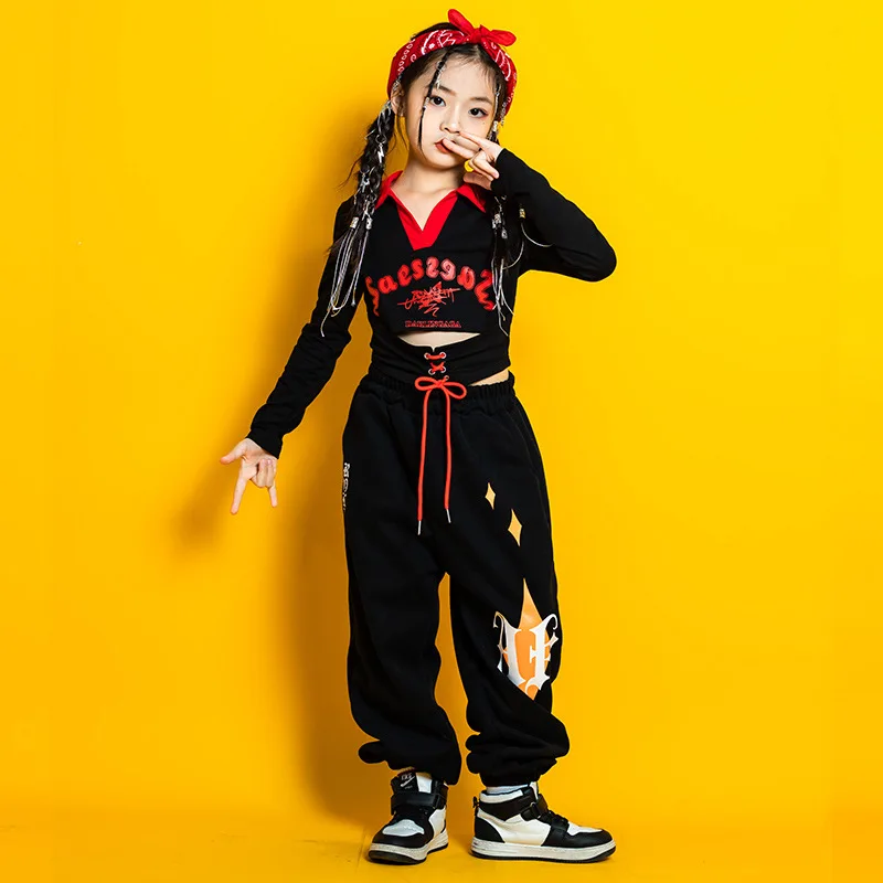 Mädchen Jazz Dance Kleidung mit Langen Ärmeln Schwarz Tops Hosen Für Kinder Hip Hop Kostüm Kpop Bühne Tragen Gruppe Leistung Anzug BL9845