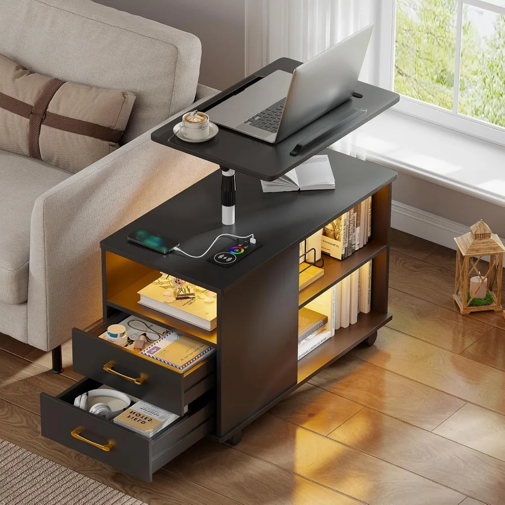 nightstand with charging station, bedside table with led lights, smart side end tabel has adjustable rotary table/storage drawer