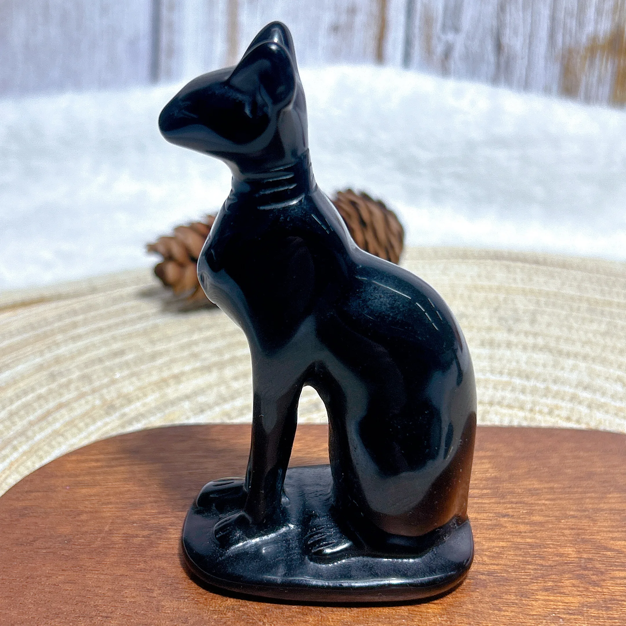 Healing High Quality Natural Crystals Middle-size Black Obsidian Egyptian Cat Carved Mineral Home Decorations Room Decor Gift view 3
