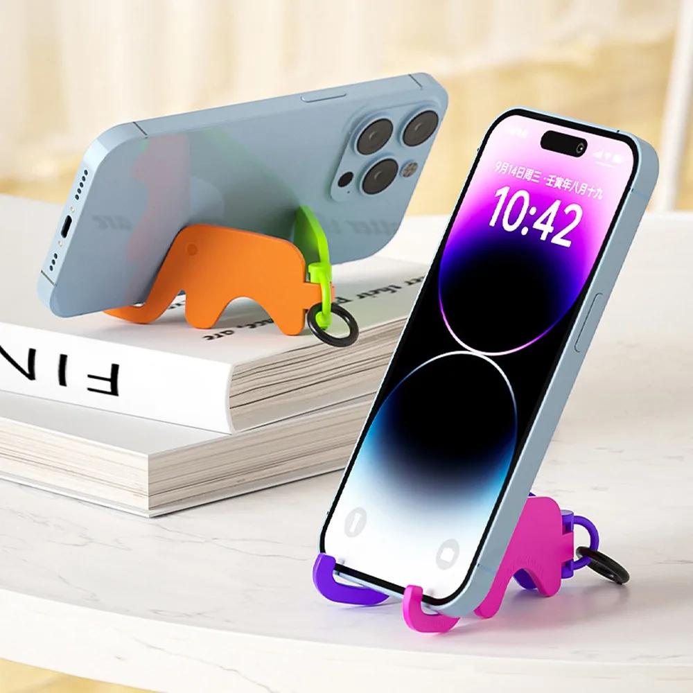 Elephant Shape Mobile Phone Stand with Keychain Portable Mobile Phone Holder Cartoon Foldable Cell Phone Bracket Key Ring Gift