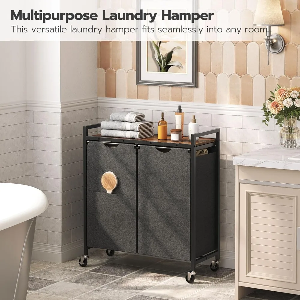 

2-секционный рулонный сортировщик белья на колесиках, вместимость 26 галлонов, съемные тканевые мешки для организации дома