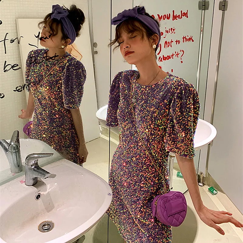 Luxury Spring Summer Women Dresses Short Sleeve Shinny Sparkle Sequins Elegant Club Ladies Party Dresses Mini Vestidos NZ280