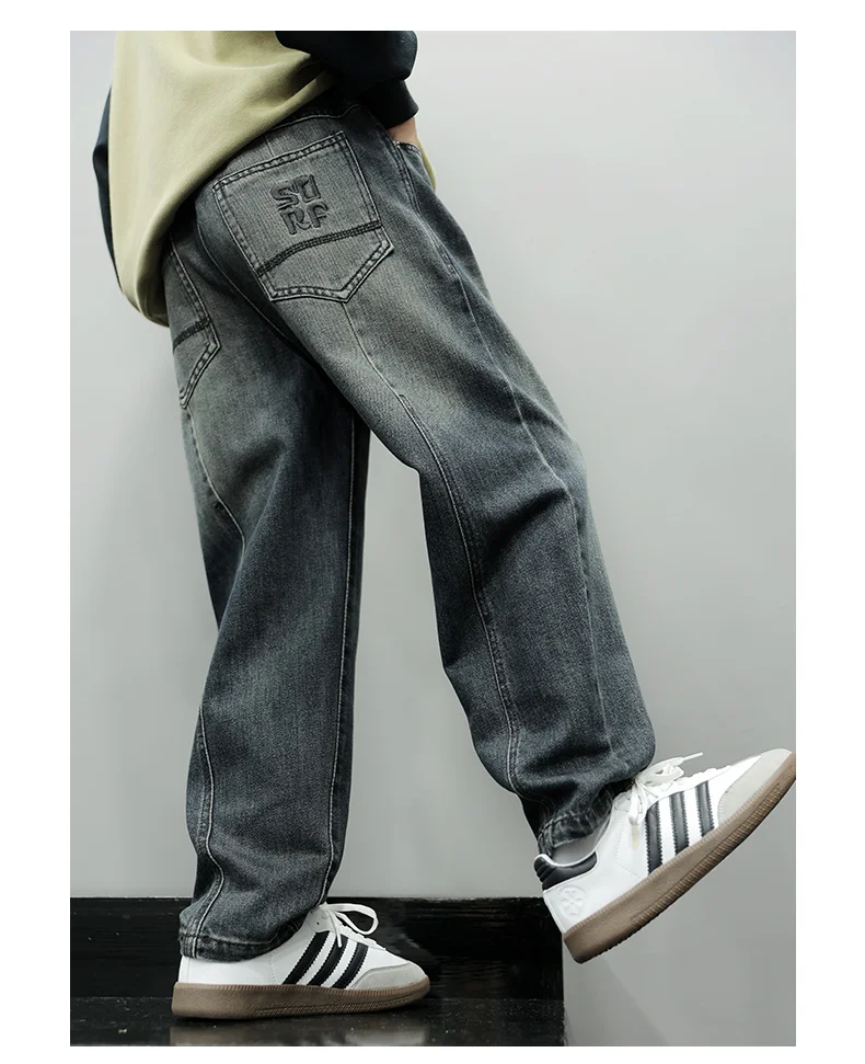 Neue, modische schwarze Jeans für Jungen, lockere, gerade geschnittene Haremshose für Kinder, Cargo-Jeans mit Taschen, Größe 5-14. – Detail 5