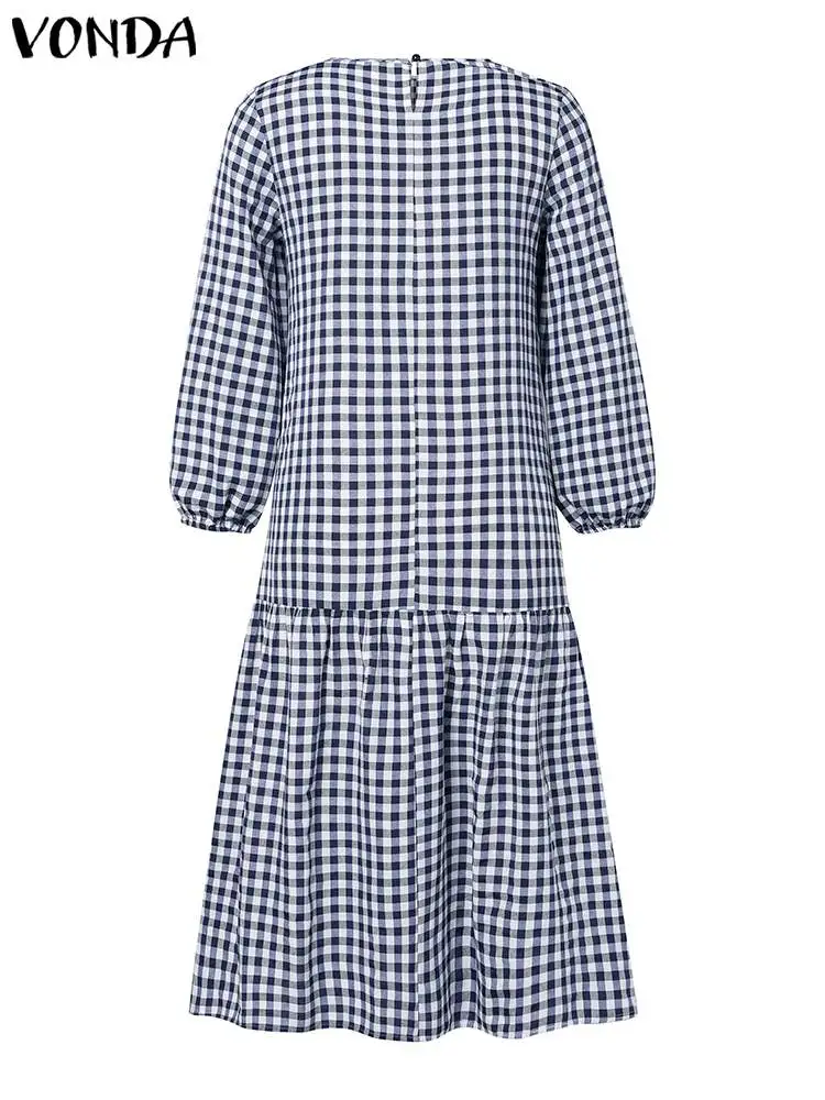 2024 VONDA Bohemian Plaid Sundress Women Autumn O-Neck Long Sleeve Ruffled Maxi Long Dress Elegant Casual Loose Vintage Vestidos