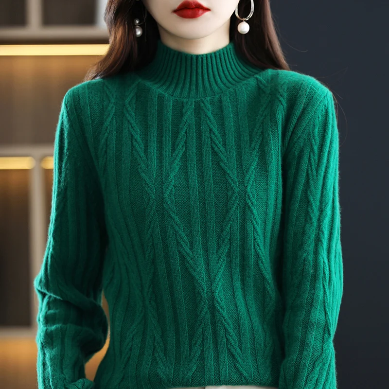 100% Wool Cashmere Sweater Women's Autumn Winter New Thickened Half Turtleneck Pullover Casual Fashion Knitted Jacket Top Female