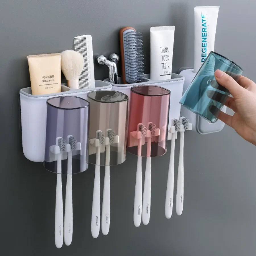 1 set of toothbrush holder, including non porous mouthwash cup, bathroom wall mounted toothpaste dispenser, clean and hygienic