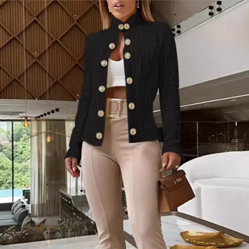 

Women's Sexy Jacket Coats Spring Metal Buckle Decorative Stand Collar Long Sleeve Slim Fit Jackets For Women Streetwear Tops New