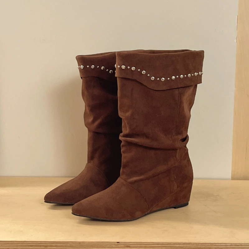 Square Toe Suede Women Short Boots Side Metal Button Decor Mid Heel Shoes Elegant Mordern Boots Ladies Daily Fashion Footwear
