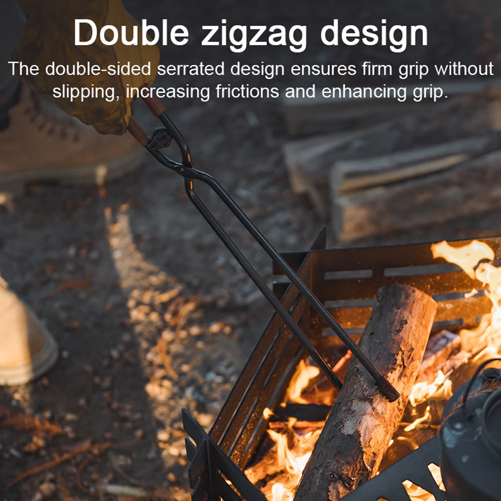 Carbon Steel Charcoal Tongs Outdoor Camping Bonfire BBQ Firewood Clip Tool Stoves Fire Charcoal Tongs Leather Handle