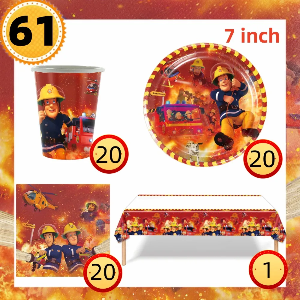 Fireman Sam Birthday Party Decoration Fire Truck Balloons Paper Plate Cup Kids Baby Shower Firefighter Theme Party Supplies Set