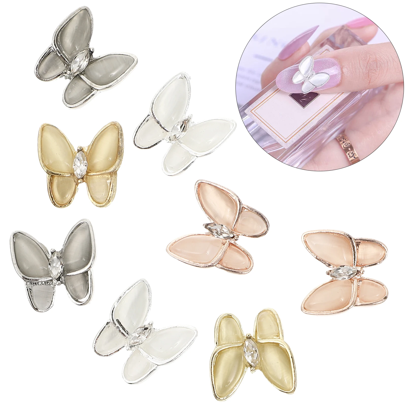 

8 Nail Art Studs Opal Butterfly Charms Alloy Decor Birthday Gift DIY Manicure Shining Gems Party Accessories Nail Stickers
