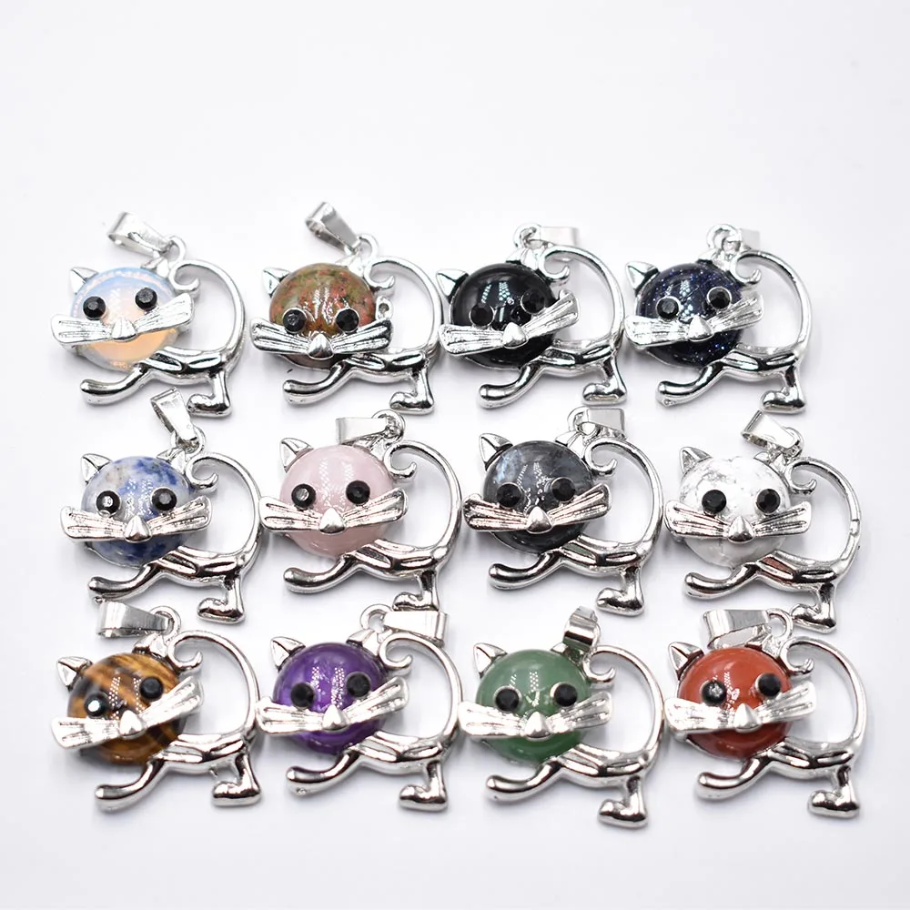 

Wholesale 12pcs/lot fashion natural stone mixed cat shape alloy Pendants for jewelry accessories marking free shipping