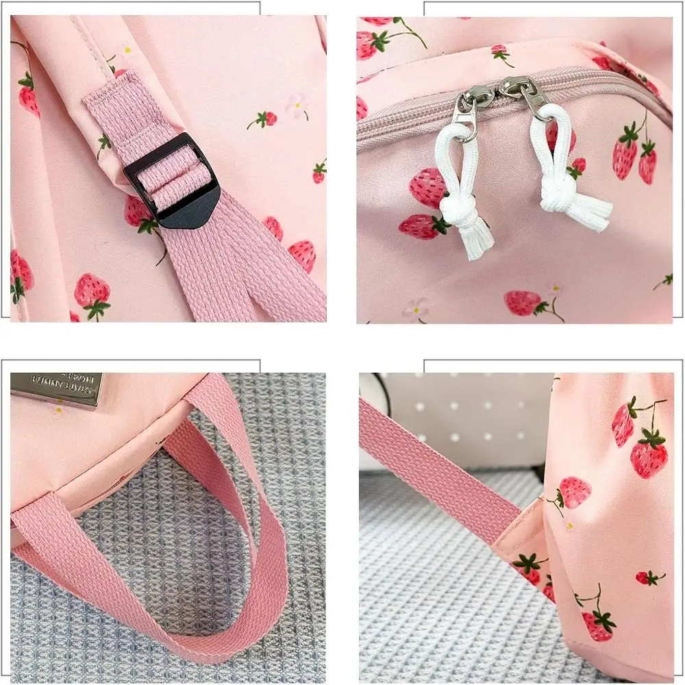 Oxford Cloth Strawberry Backpack Large Capacity Adjustable School Bag Preppy Style with Lunch Bag & Pencil Case Travel Backpack