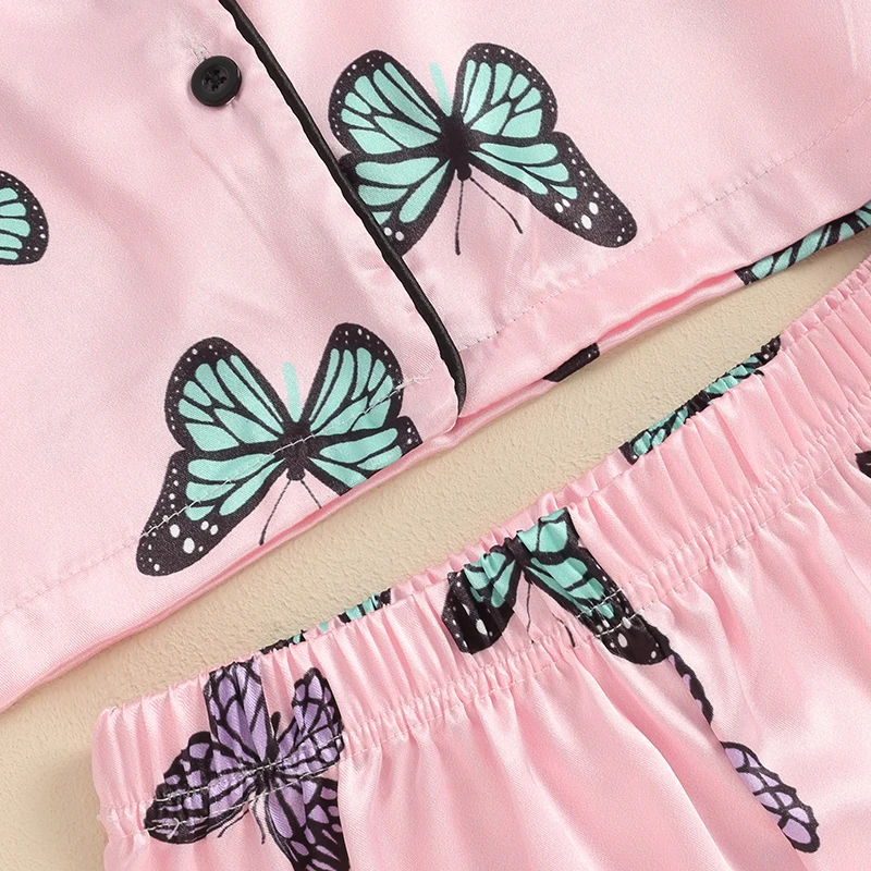 Women s Summer 2-Piece Pajama Set with Short Sleeve Lapel Shirt and Butterfly Print Pants for Comfortable Sleepwear