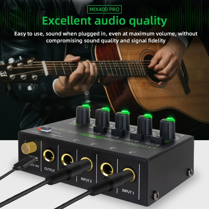 

Professional Low Noise 4 Channel Line Stereo Mixer 4 Input 1 Output 5V RGB Mixer Microphones Guitar Keyboards Mixer