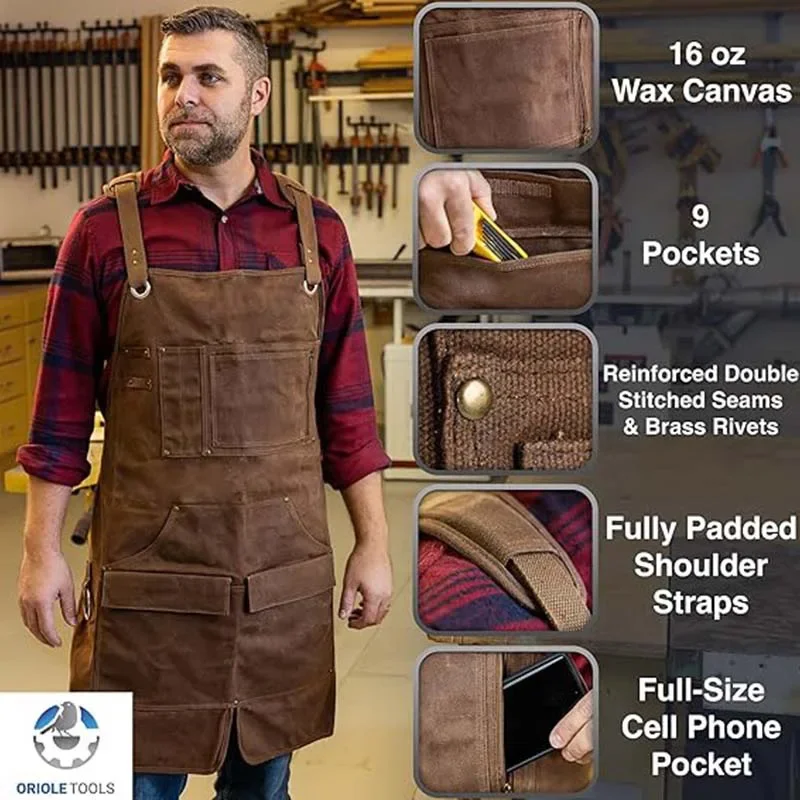 Super Thick Waxed Coating Waterproof Canvas Auto Mechanic Lumberjack Multifunctional Pocket Woodworking Large Size Apron For Man