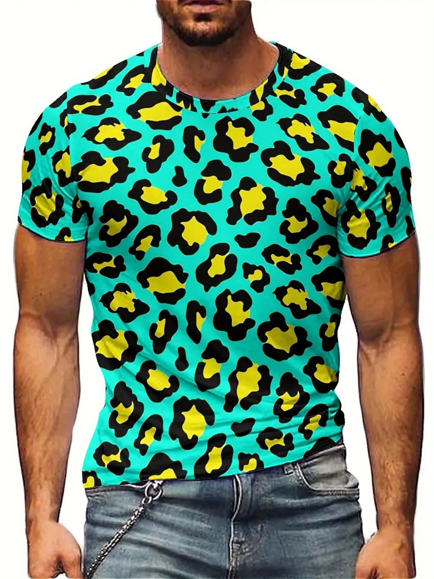 Men's 3D Leopard Print Tie-Dye T-Shirt - Retro Harajuku Streetwear Style, Soft Polyester Short Sleeve Tee