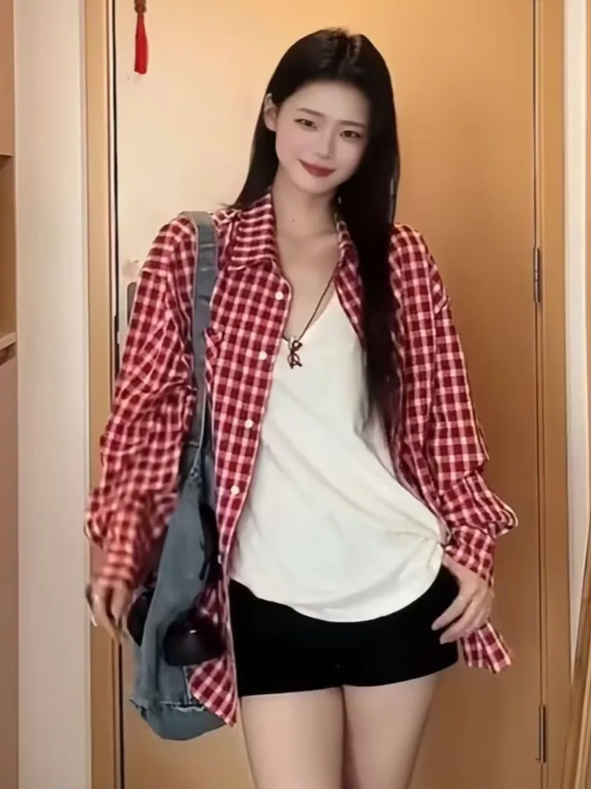 2026 Early Spring Versatile Loose Long Sleeve Red Plaid Shirt Casual Lazy Style Women's Fashion Outerwear Top Coat