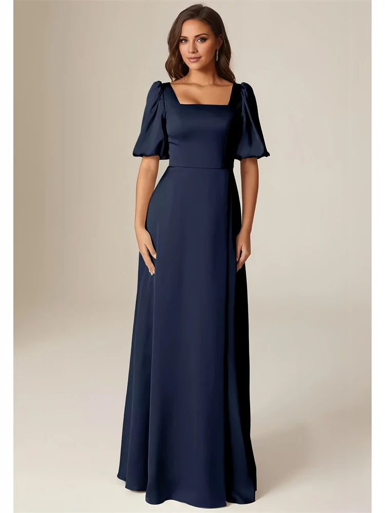 

Elegant A-Line Square Neckline Puff Sleeves Bridesmaid Dresses Women's Satin Floor Length Formal Gowns Wedding Party Prom Dress