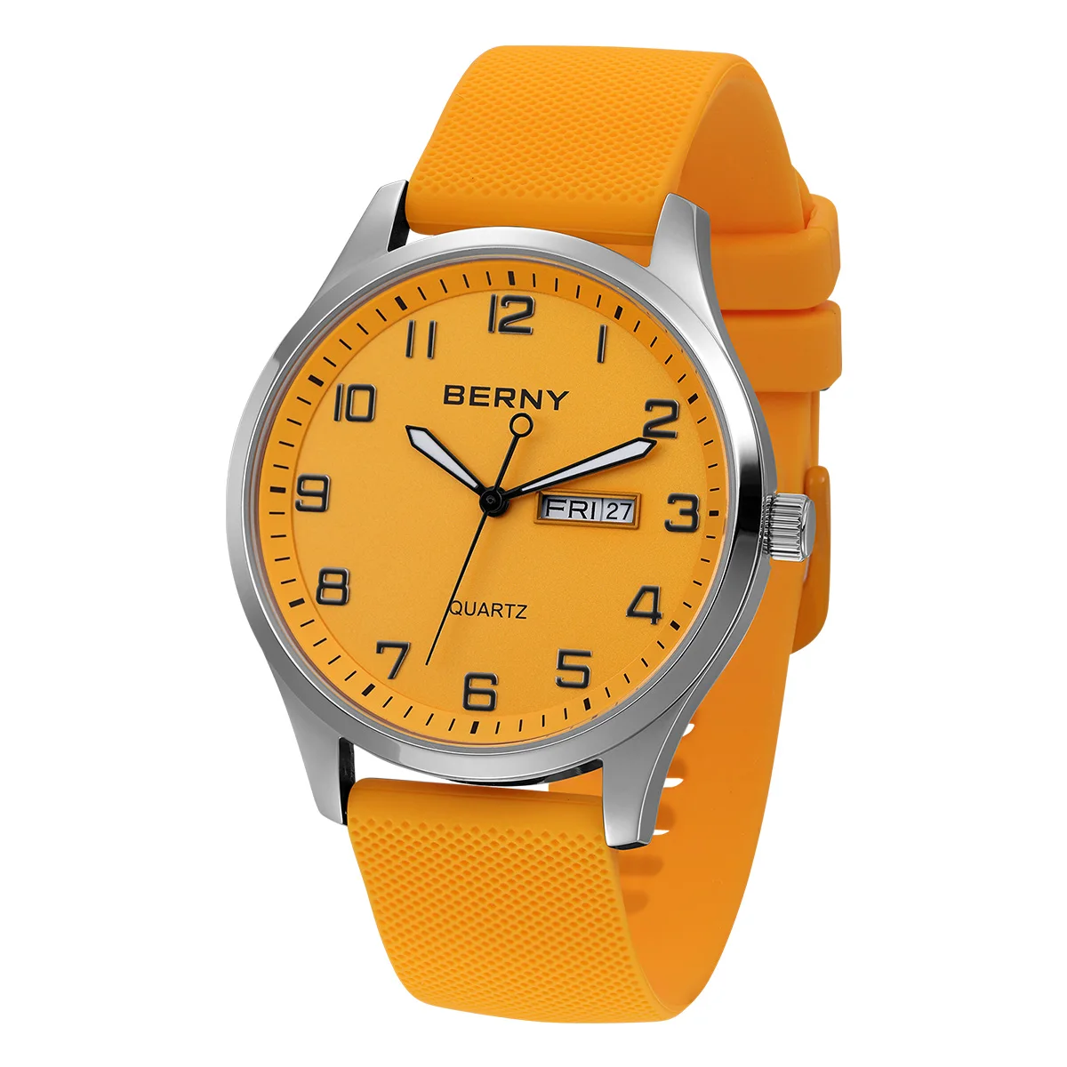 BERNY Men\'s Watches Luminous Calendar Week Quartz Men Watch Casual Soft Silicone Strap Easy Read Big Dial Sports Wristwatch