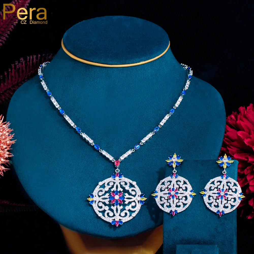 Pera Vintage Big Hollow Out Design Colorful CZ Zircon Round Pendant Necklace Earrings Sets for Women Luxury Banquet Jewelry J199