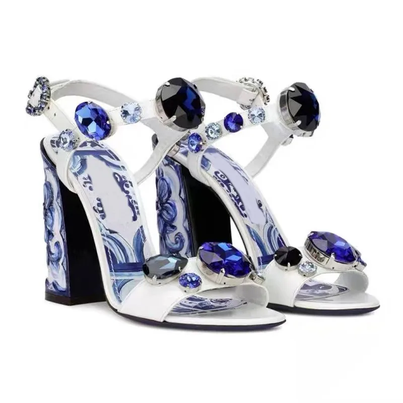 

Luxury Big Royal Blue Rhinestone Chunky Heel Sandals Blue and White Porcelain Printing Crystal Buckle Woman Banquet Bridal Shoes