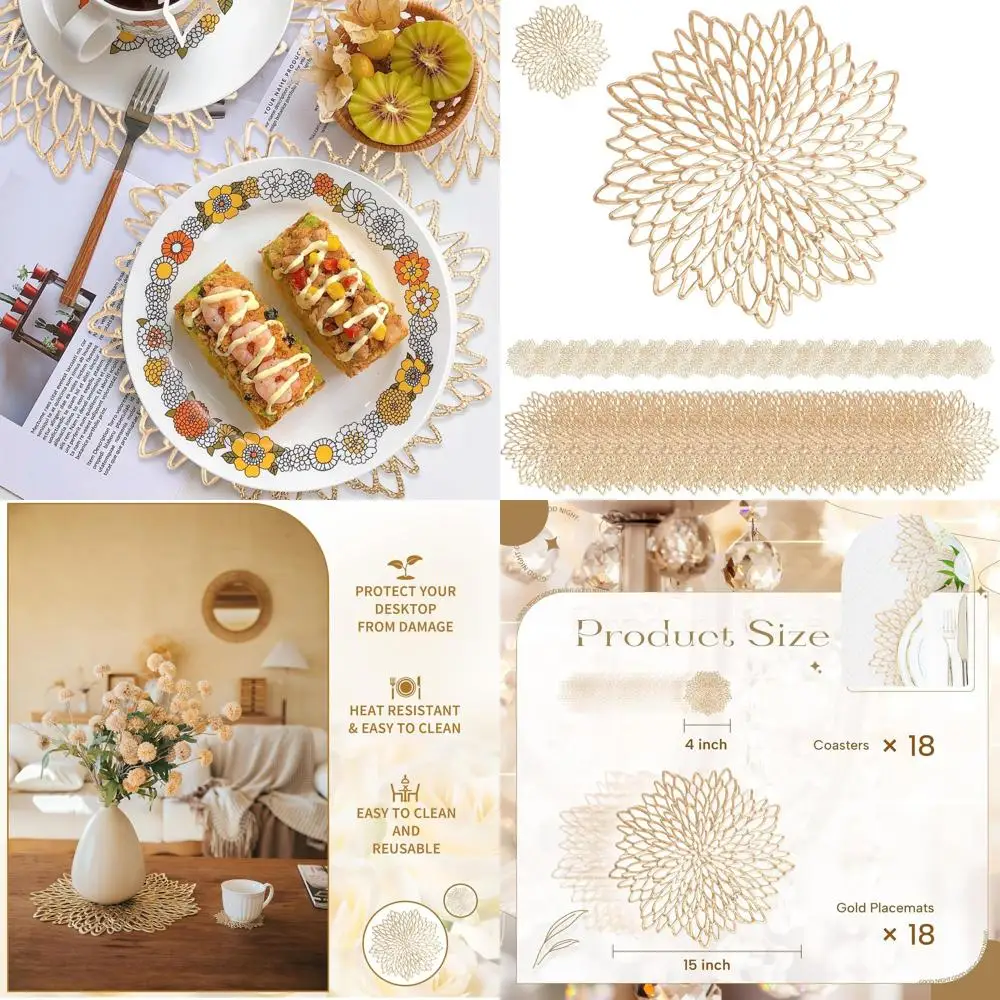

Набор золотых виниловых салфеток и подставок, 18 предметов, 15 круглых, объемные обеденные коврики, элегантные зарядные устройства для праздничной столовой