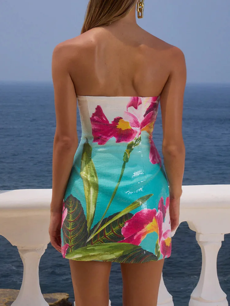 Strapless Patchwork Sequined Chic Mini Dress, Women Summer Beach Style Sleeveless Party Dress, Sexy Backless Lady Dress Vestidos
