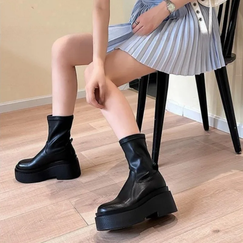 Elegant Women's Short Boots Slim Fit Knee High Boots Luxury Black Slip On Boots Height Increased Shoes Designer Leather Boot