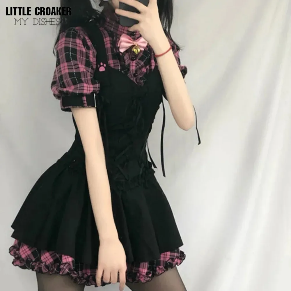 Summer Mini Dress Women Plaid 2024 Kawaii Fairy Clothes Short Sleeve Strap Dress Lolita Harajuku Cottagecore Robe Goth