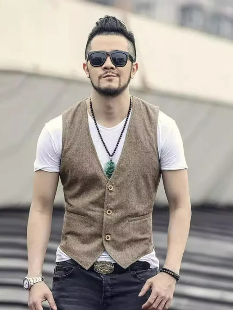 

Осенний хлопково-льняной жилет на пуговицах, тонкий, приталенный, мужской повседневный жилет больших размеров, модный, с V-образным вырезом, молодежный, свободного кроя