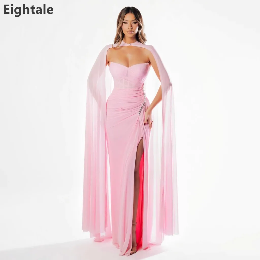 

Eightale 2026 Sweetheart Mermaid Pink Ruched Chiffon Maxi Evening Dress Cape Beaded Slit Formal Prom Party Gown Customized