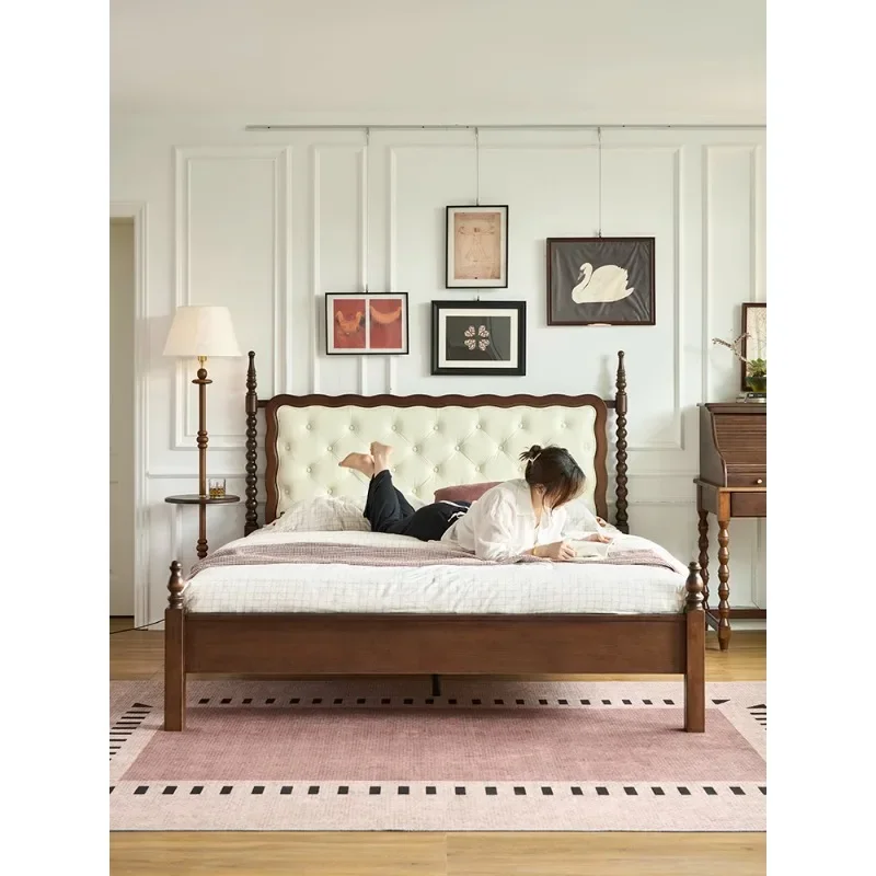 French retro solid wood bed 1.8 meters double  master bedroom antique soft pull-up