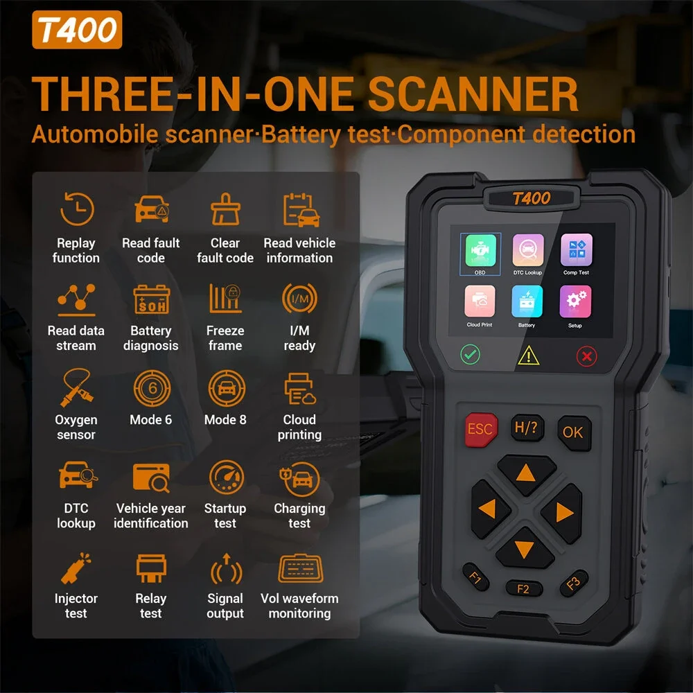 JDiag T400 Car Diagnostic Tool OBD2 Scanner Universal for 9 Protocols Injector Tester Battery Diagnostic Inspection Equipment