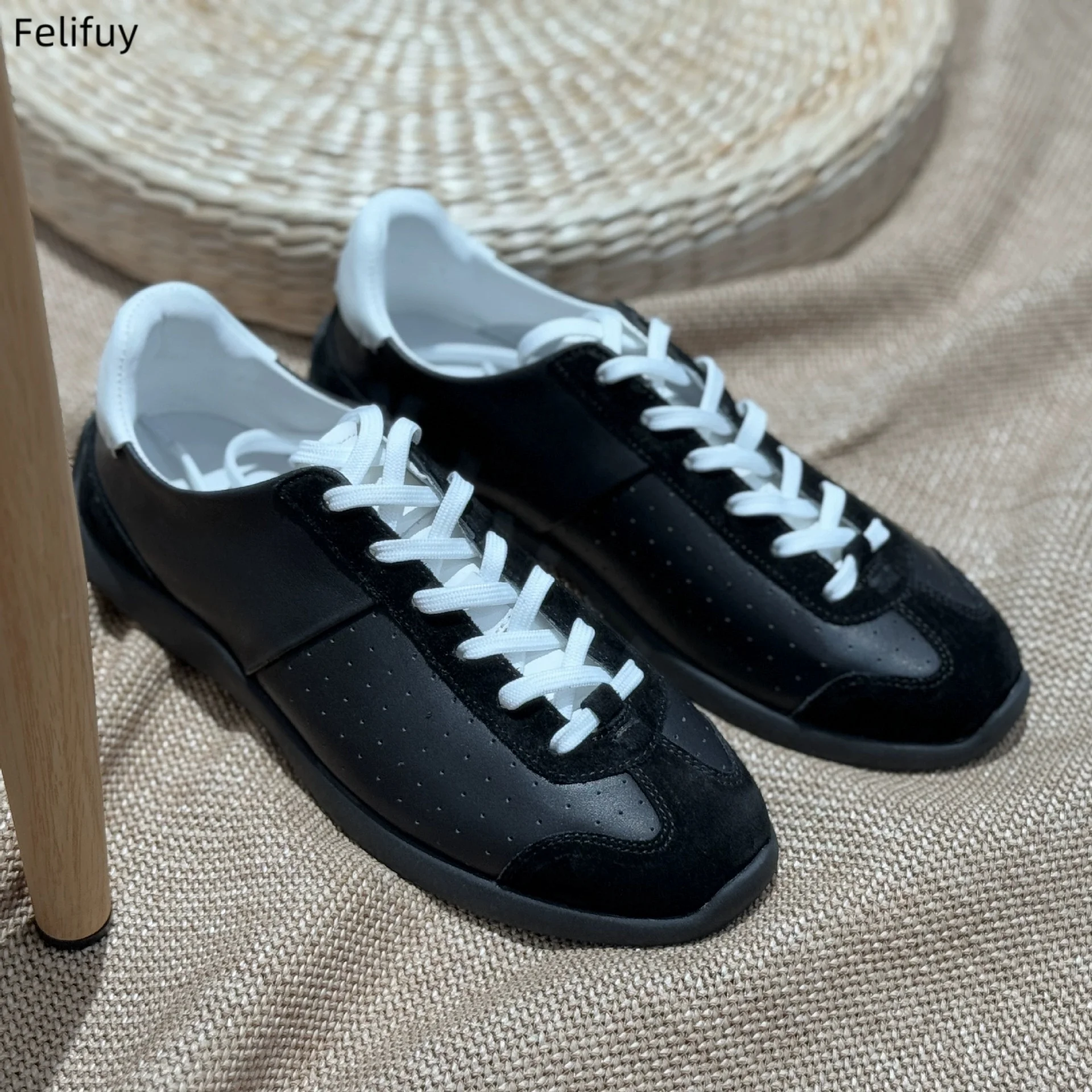 

High Quality Casual Retro Comfortable Shoes Patchwork Round Toe Flat with Shallow Lace Up Sneakers Black Genuine Leather Sneaker