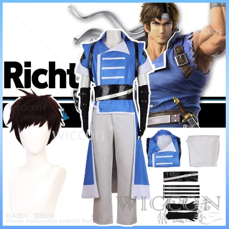 Costume de Cosplay de l'Anime Castlevania Nocturne Richter Belmont pour Homme, Uniforme Bleu, Haut, Pantalon, Perruque, pour Halloween, Noël, Personnalisé