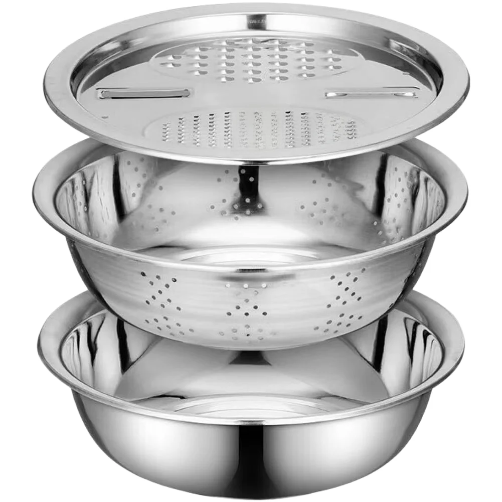 Stainless Steel Vegetable Slicer Set Includes Three Stackable Components for Grating Shredding and Slicing Common Kitchen Items