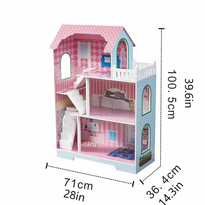 WODENY Wooden Dolls House with 11pcs Furniture & Staircase Accessories, 3-Storey Large Dollhouse Playset for Girls Kids