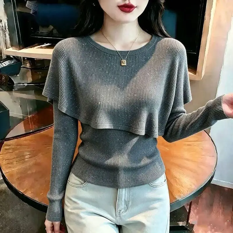 Fake Two-piece Long Sleeve All-match Elegant Tops Women Clothing New O-neck Loose Fashion T Shirts Office Casual Women Clothing