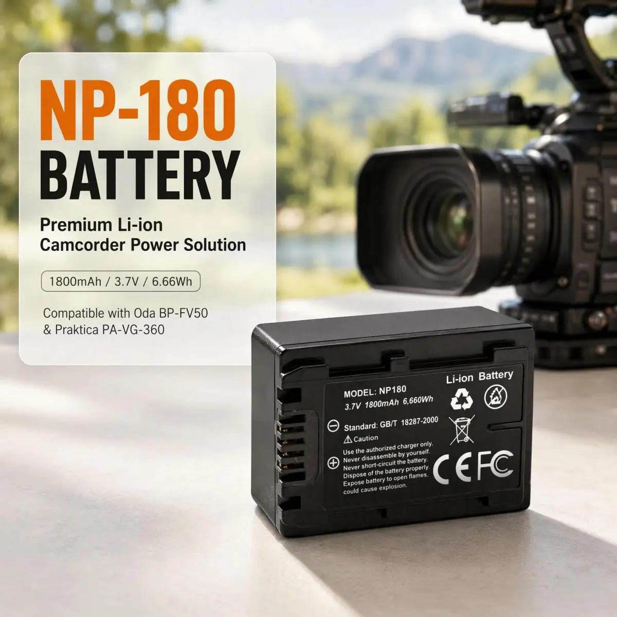 NP-180 Spare Li-ion Camcorder Battery 3.7V 1800mAh 6.66Wh Compatible with Oda BP-FV50 Praktica PA-VG-360
