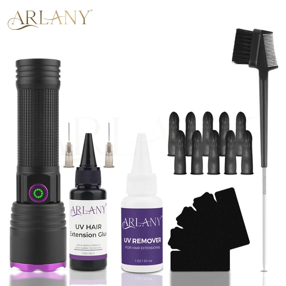 ARLANY UV Glue Hair Extension Kit UV Hair Glue with UV Hair Glue Remover Anti-UV Shield Guards UV Lamp Invisible Extension