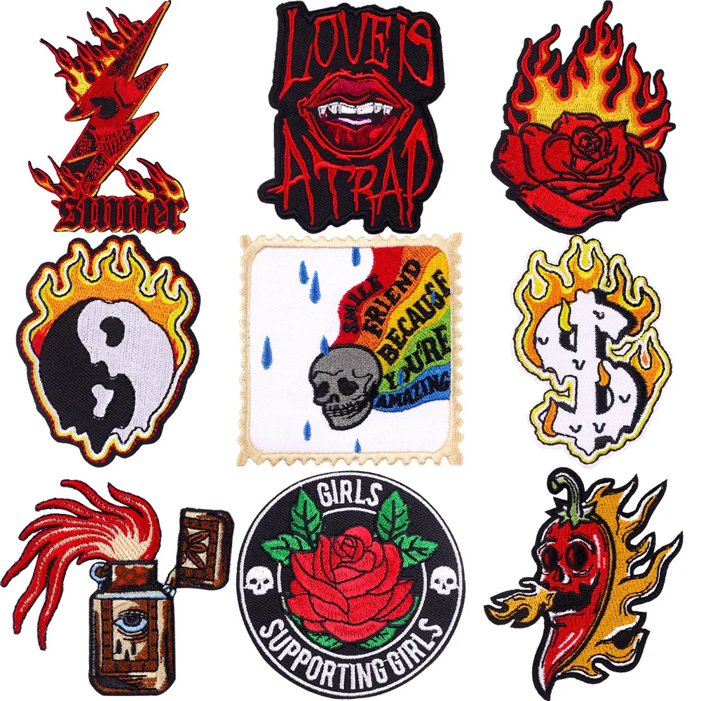 

Hippie Punk Rock Embroidery Patches Flame Rose Skull Iron on Stickers DIY Chest Shoulder Badges Clothes Bags Hats Accessories