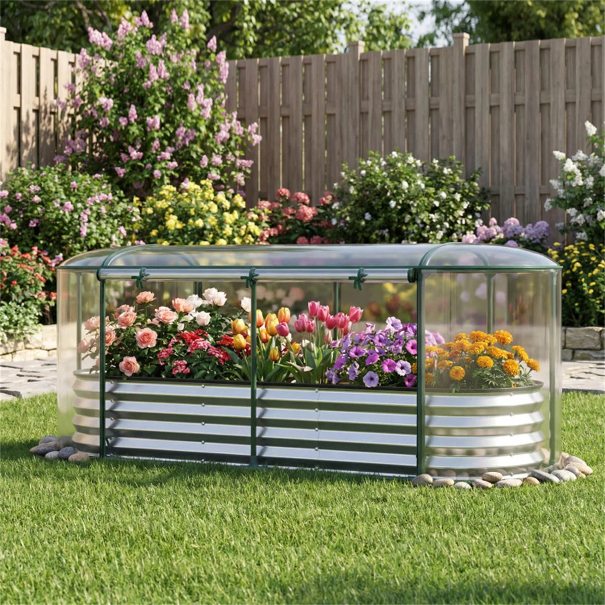 3-in-1 Raised Garden Bed with Greenhouse Cover, Galvanized Steel Planter Box for Year-Round Growing - Silver