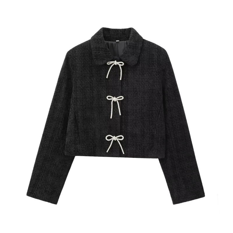 2026 Autumn Fashion French Elegant Temperament Single Breasted Jacket Solid Color Bow Button Embellished Textured Coat for Women