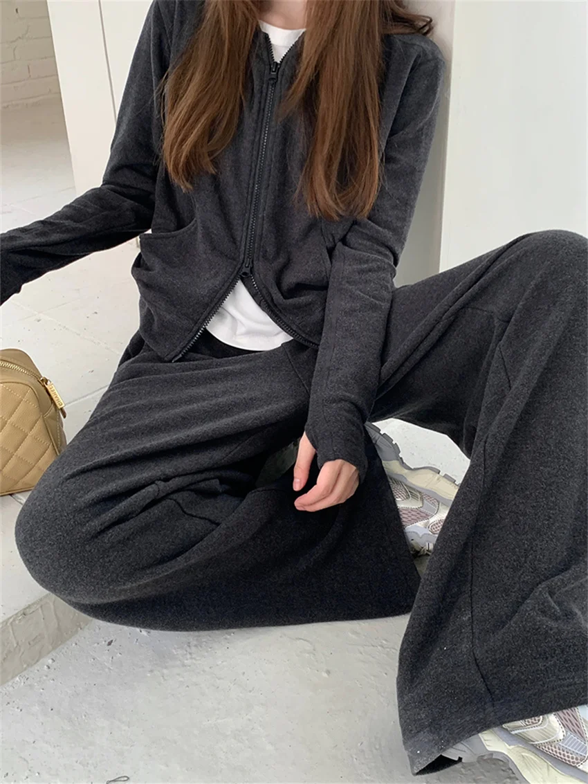 Alien Kitty High Street Women Sets Chic Slim Hooded Sweatshirts Winter Suits All Match Streetwear Office Lady Wide Leg Pants