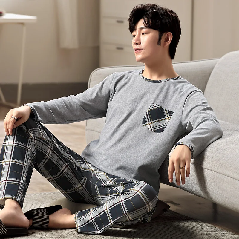 Simple Men Pajamas Sets Autumn Winter Long Sleeves Long Pants Cozy Sleepwear Boys Pyjamas Soft Pijamas Casual Pjs Sleeping Plaid