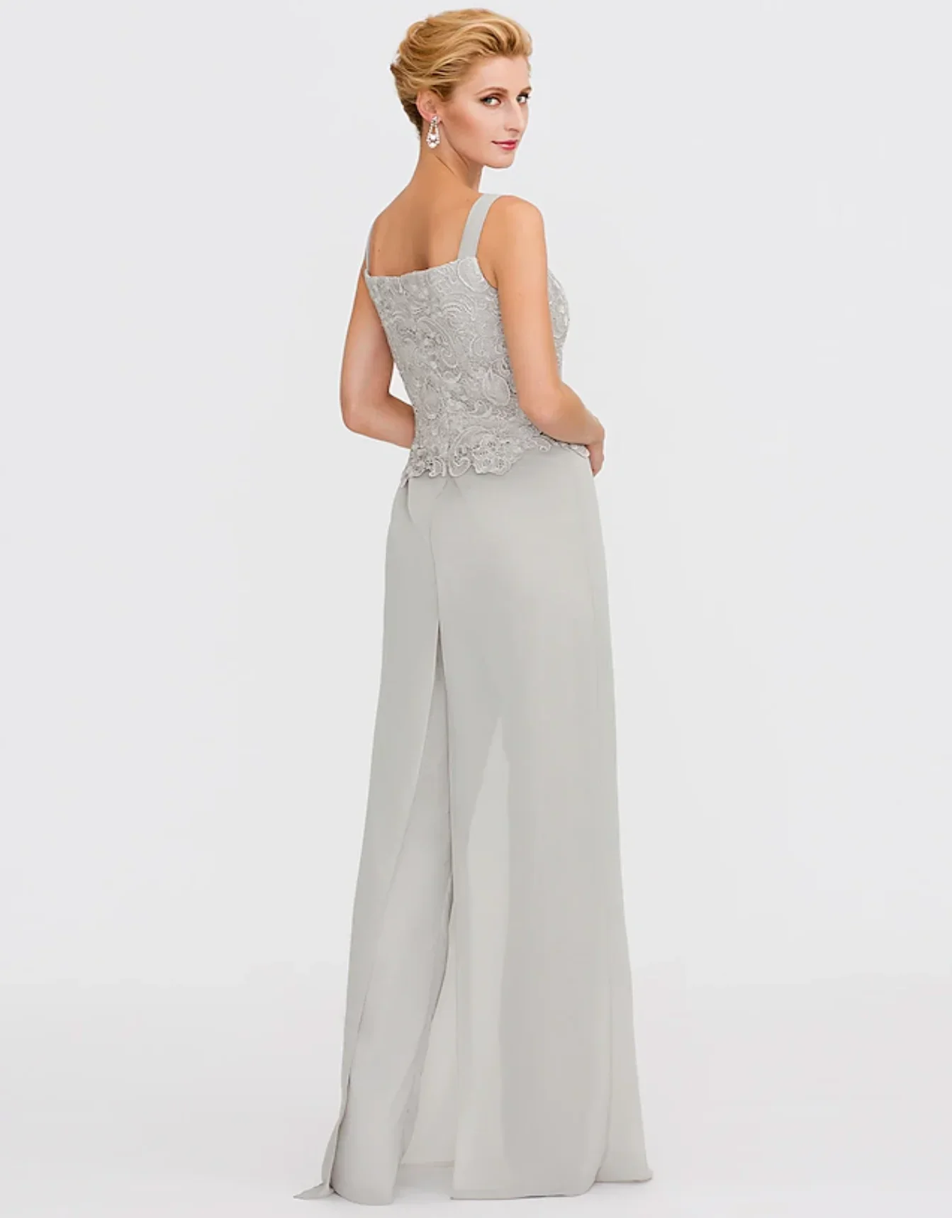 Tailleur pantalone 3 pezzi Abito per la madre della sposa Abiti formali per gli invitati al matrimonio autunnale Collo quadrato Lunghezza pavimento Avvolgente in pizzo chiffon 2024